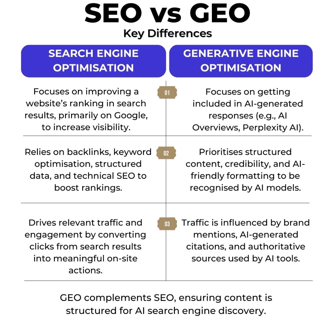 Comparison chart of SEO (search engine optimisation) and GEO (generative engine optimisation)